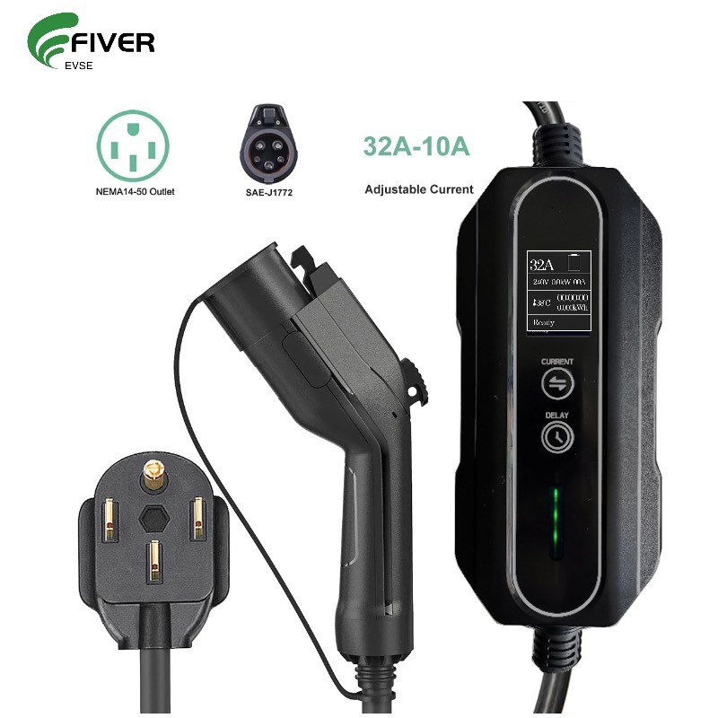240V 32A Current Adjustable Schedule Charging Level 2 Portable EV Charger  Type 1 J1772 Connector with