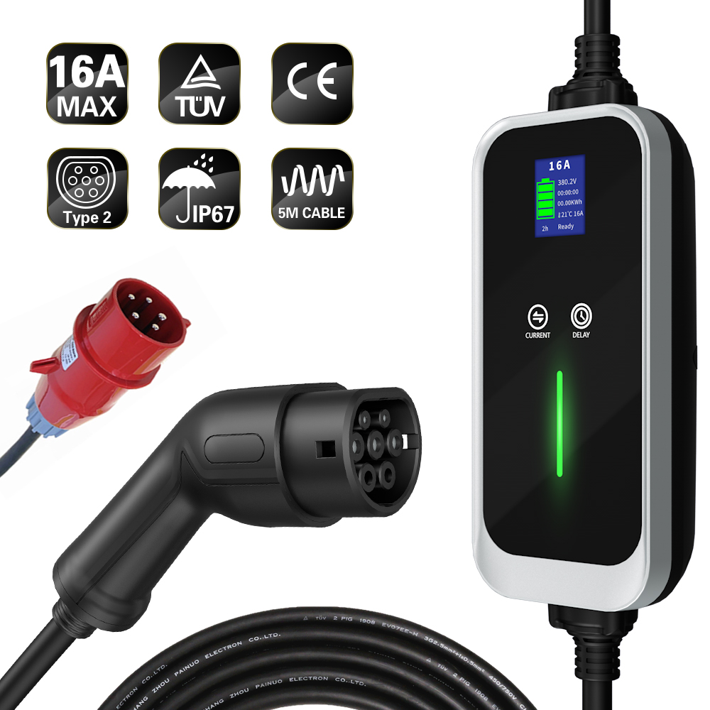 3Phase 16A Current Adjustable 11KW <a href=https://fiverevse.com/Level-2--Portable--EV--Chargers.html target='_blank'>Portable EV Charger</a> Type 2 Connector Red CEE Plug