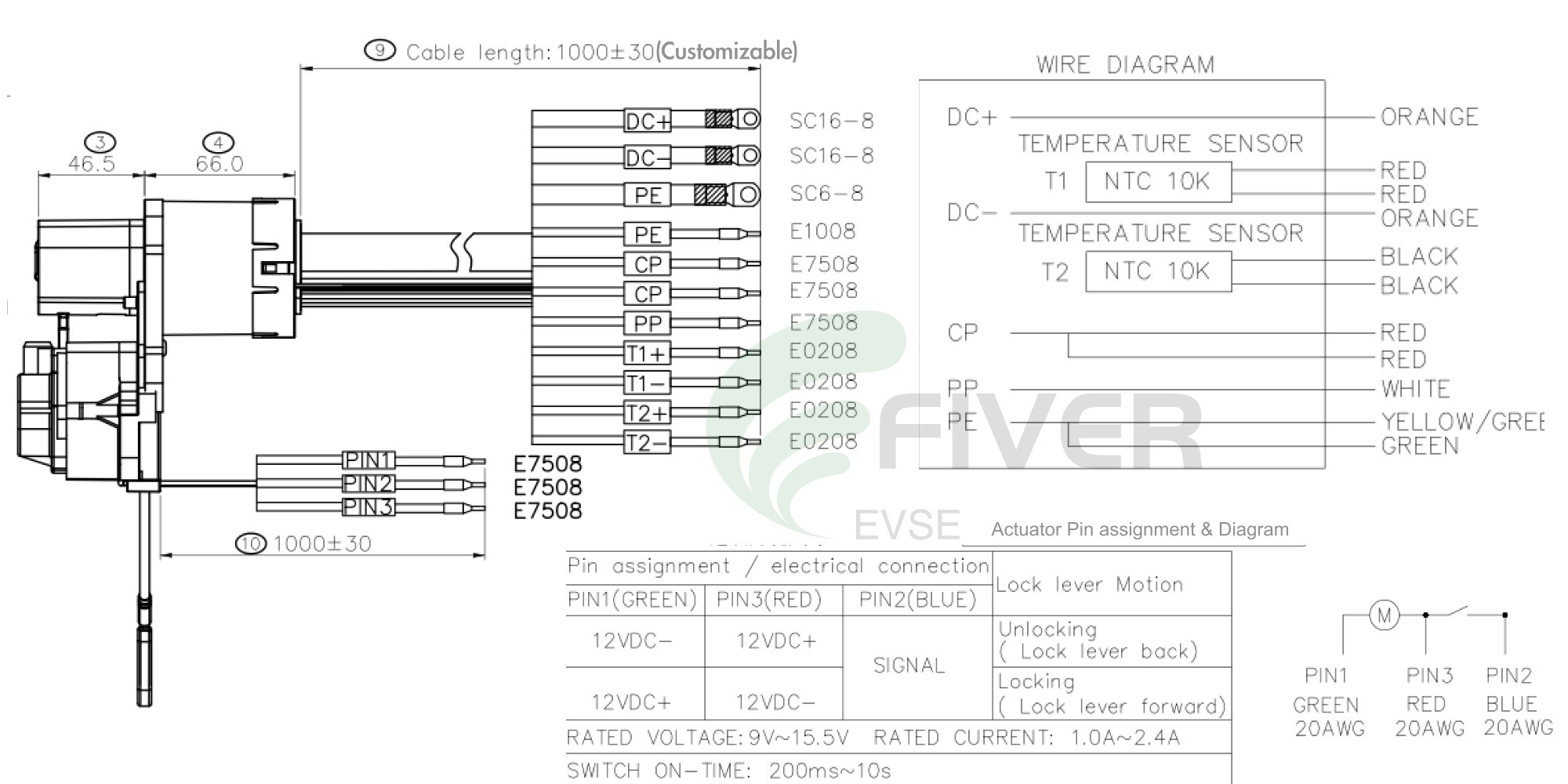 Fiver's 1000V DC NACS Port With Actuator Harness & Diagram